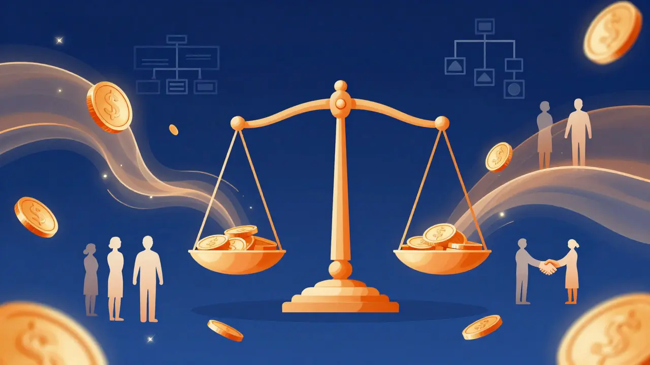 Abstract illustration of a balance scale influenced by swirling financial and social forces