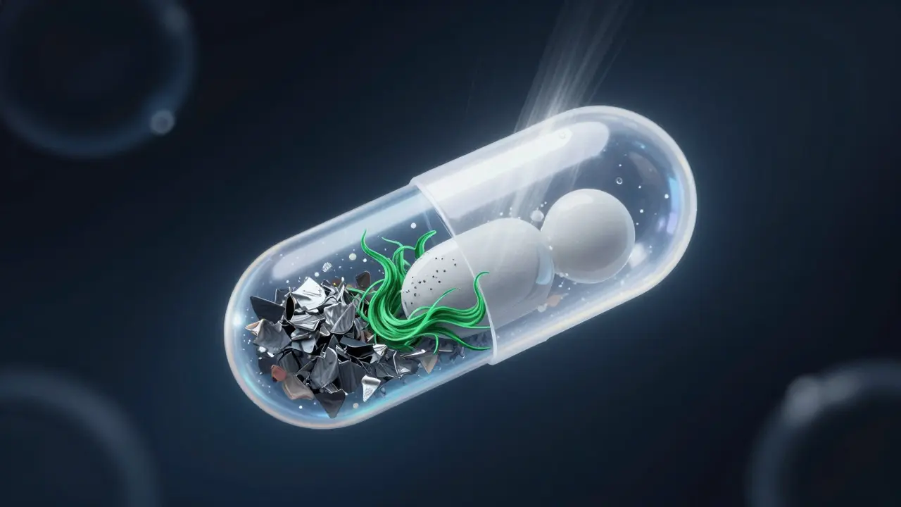 Abstract illustration of a capsule containing mixed impurities and pure medicine