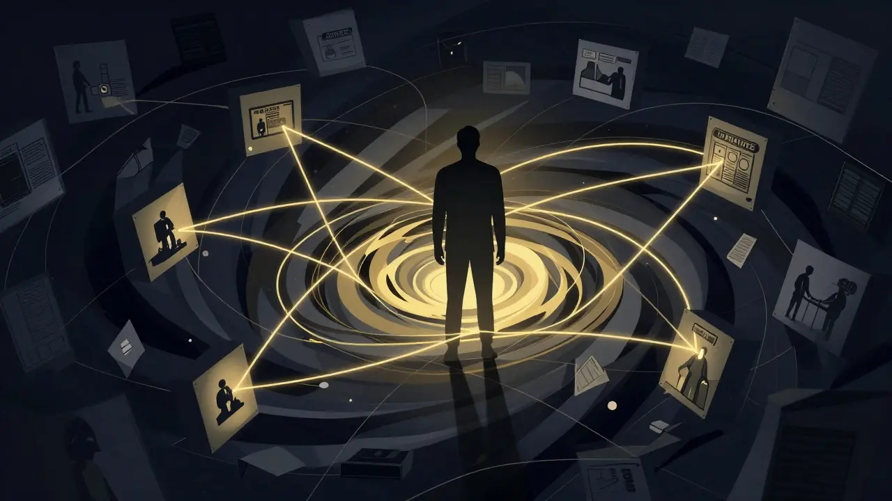 Abstract illustration of a figure connected to multiple scenes by glowing golden threads