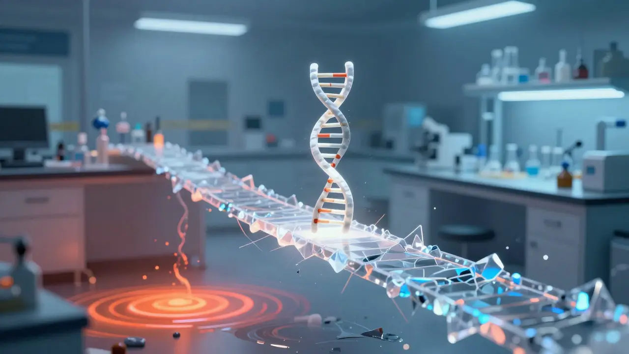 Abstract illustration of a fragile bridge connecting crime scene and lab