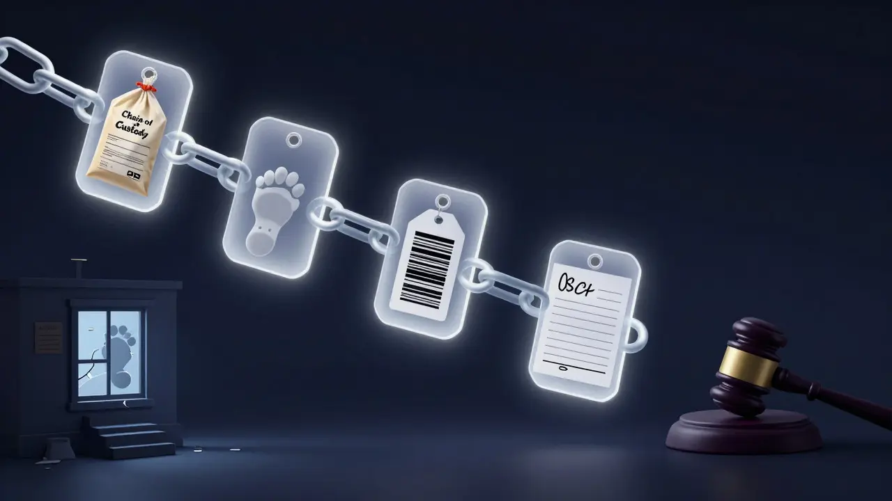 Abstract illustration of a glowing chain connecting evidence to a courtroom