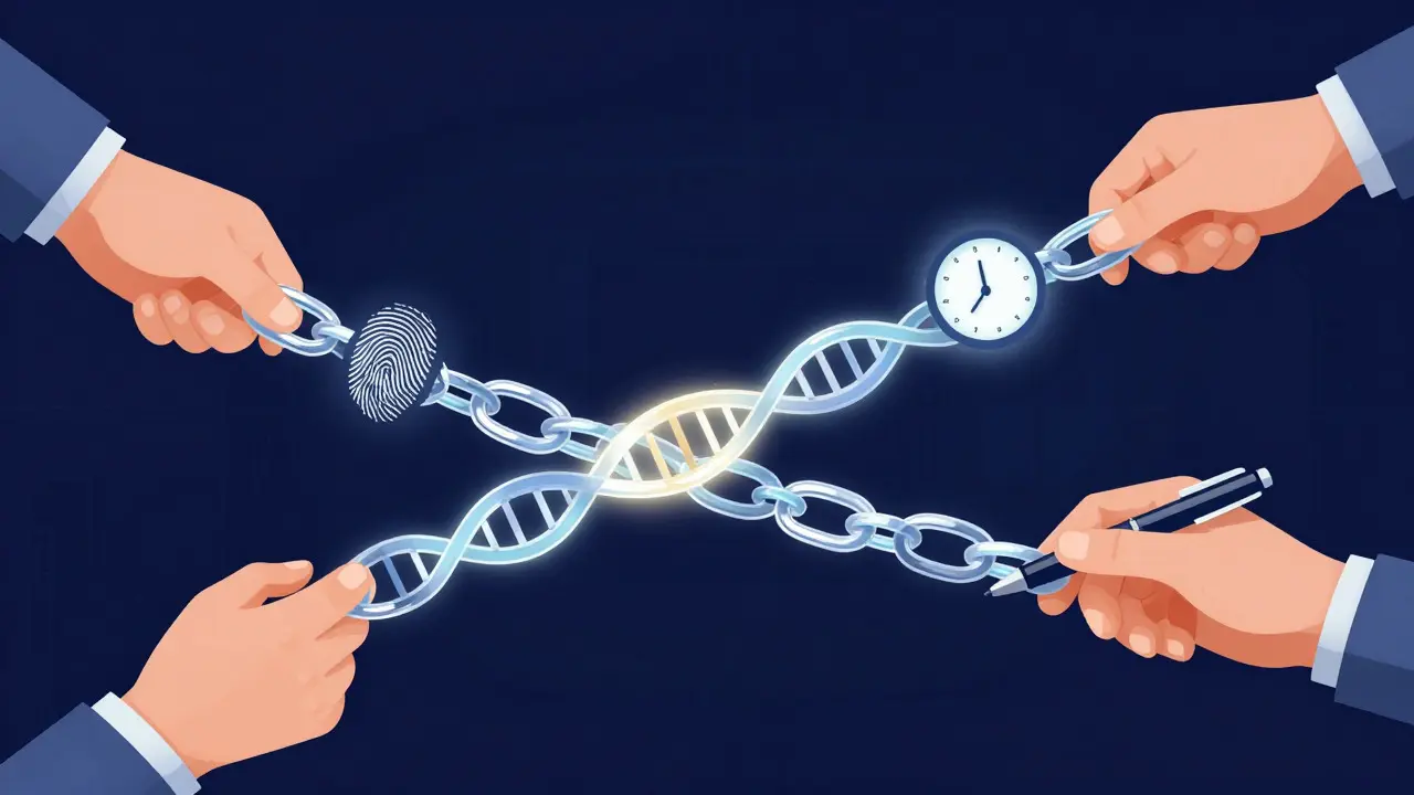 Abstract illustration of a glowing chain linking forensic evidence symbols like DNA and fingerprints