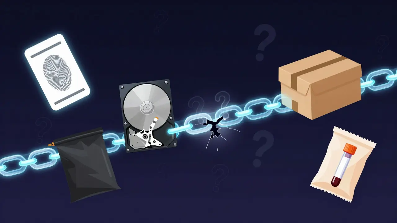 Abstract illustration of a glowing digital chain linking various types of physical evidence