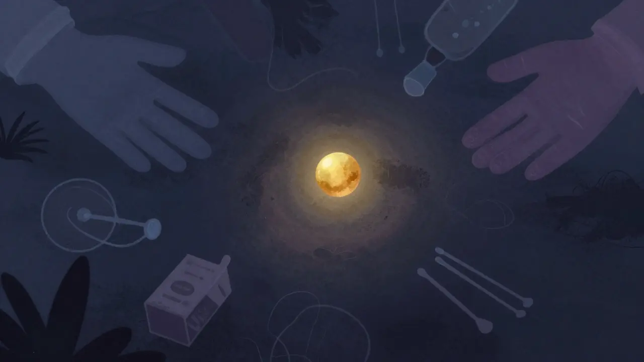 Abstract illustration of a glowing particle among contaminants