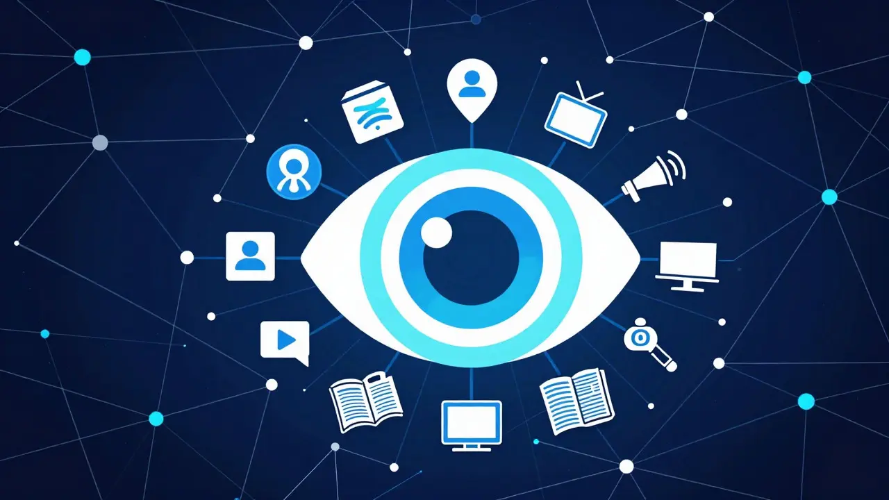 Abstract illustration of a media network expanding from a central eye into a web of connections