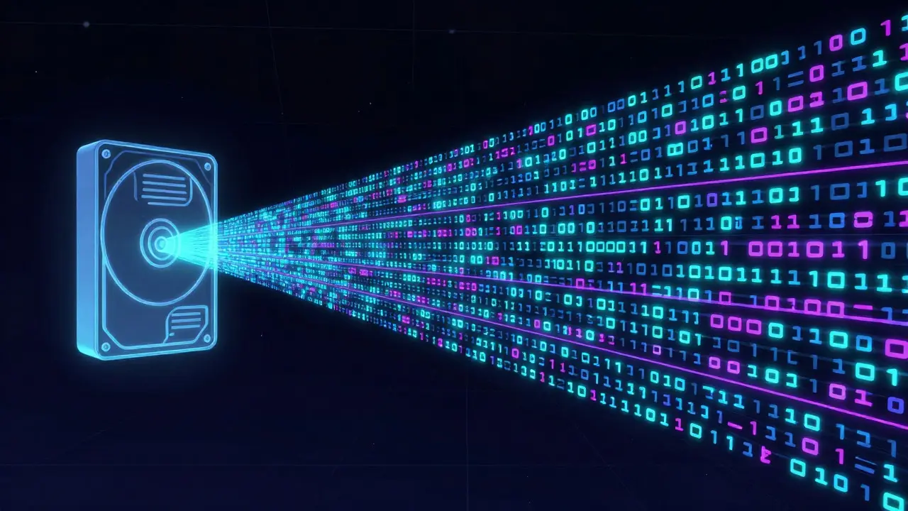 Abstract illustration of binary data flowing from a hard drive to a digital replica