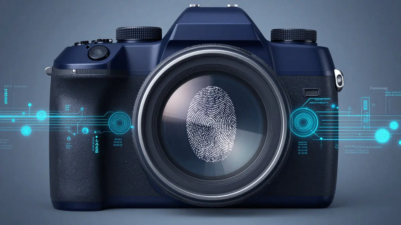 Abstract illustration of camera lens, light beams, and digital data nodes representing forensic skills
