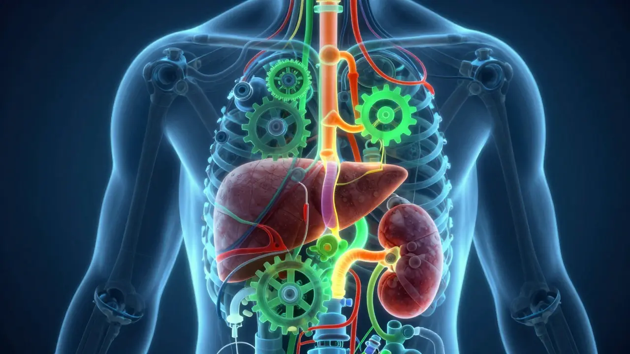 Abstract illustration of drug metabolism within a human body