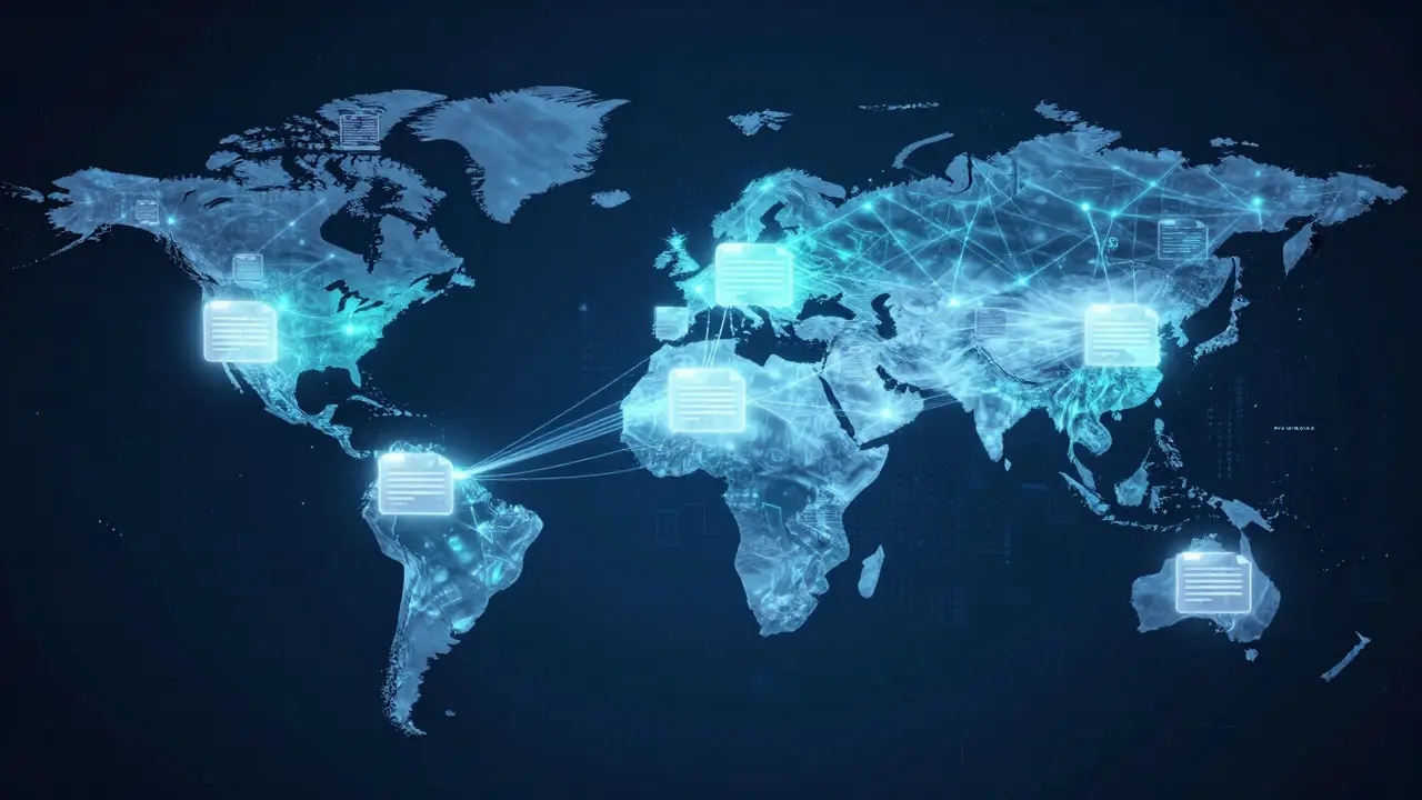 Abstract illustration of glowing data streams connecting global cloud networks