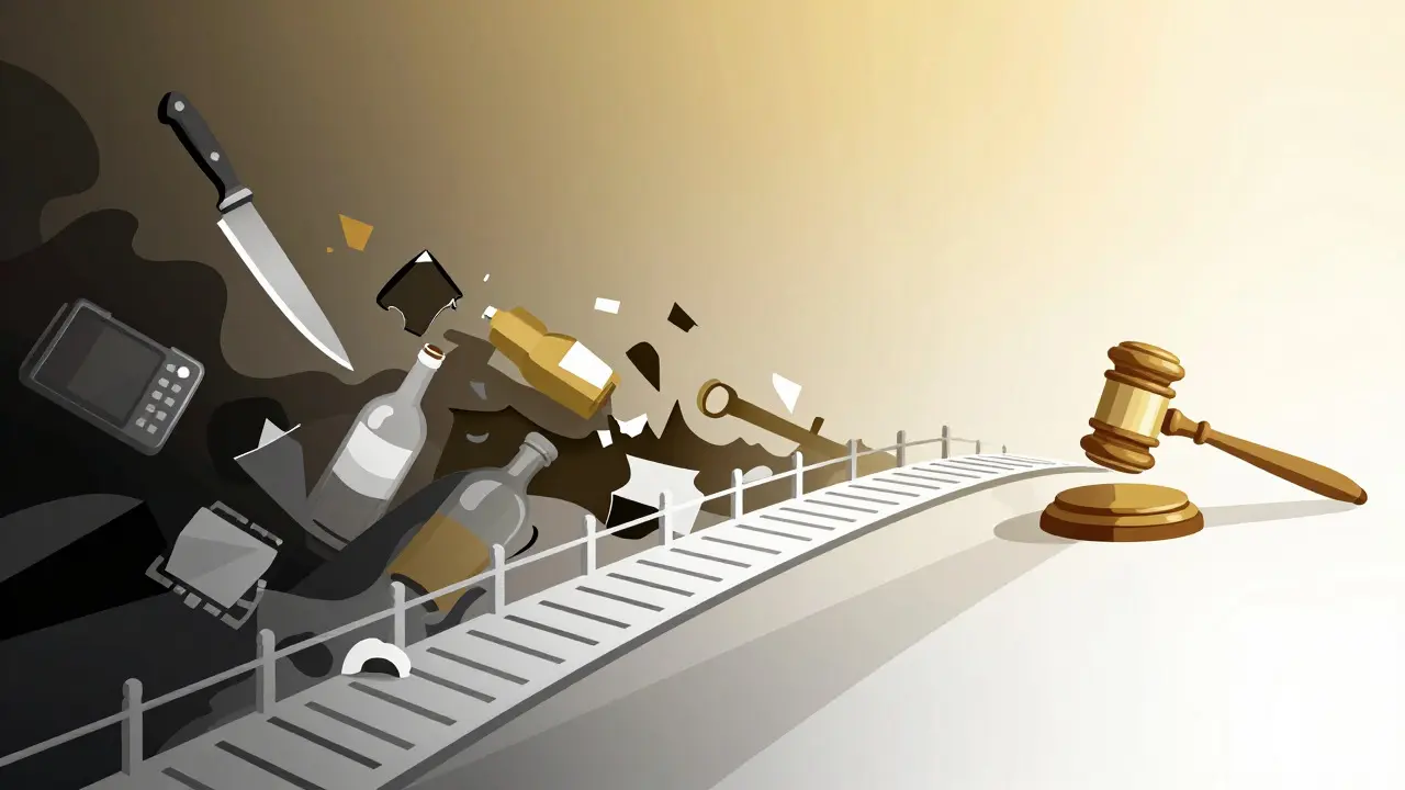 Abstract illustration of physical evidence transforming into a bridge leading to a gavel