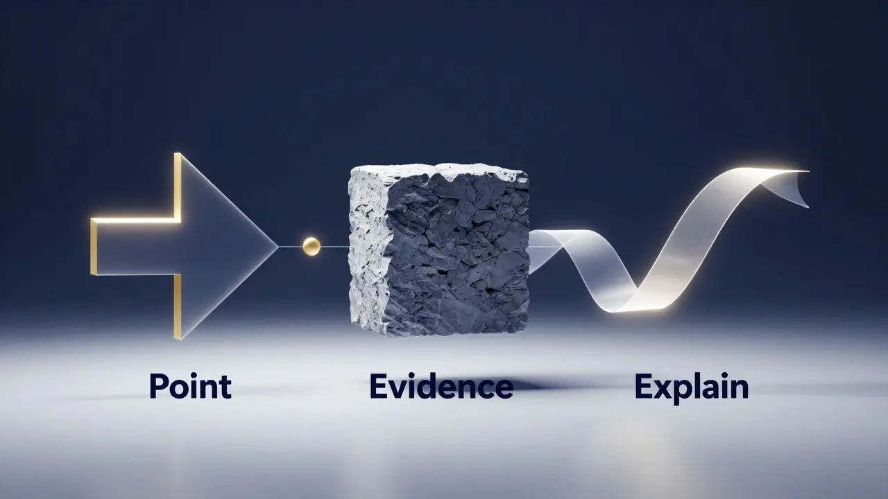 Abstract illustration of point, evidence, and explain communication framework