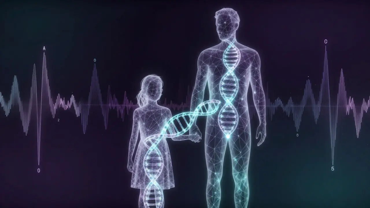 Abstract illustration of two human figures connected by glowing genetic strands