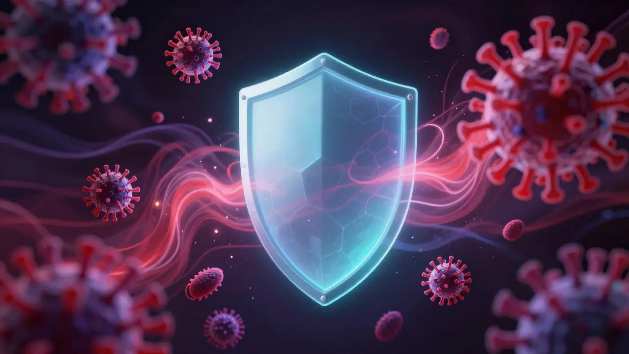 Abstract illustration showing protective barriers deflecting microscopic pathogens