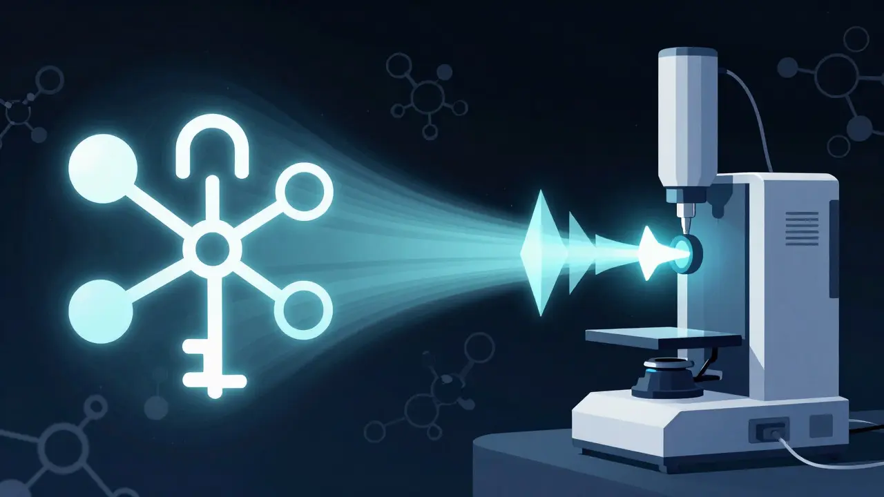 Abstract illustration showing the shift from antibody binding to mass spectrometry analysis