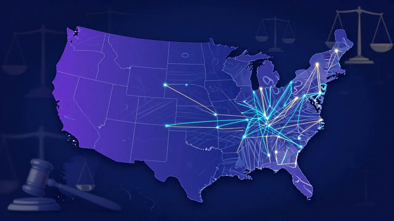 Abstract map of US states with glowing legal symbols