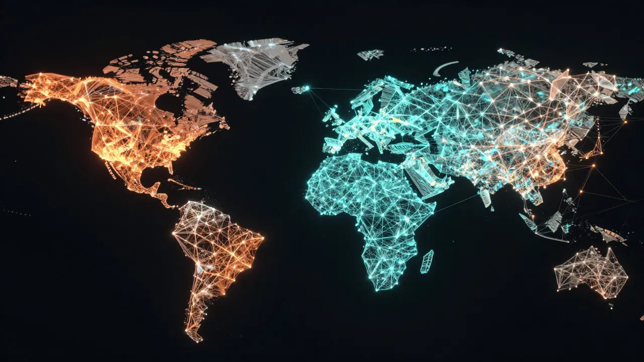 Abstract network of glowing nodes representing genetic population data