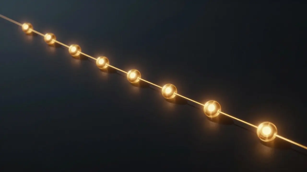 Abstract representation of evidence chain of custody as a glowing connected thread