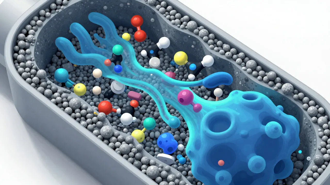 Abstract view of drug molecules binding to sorbent beads