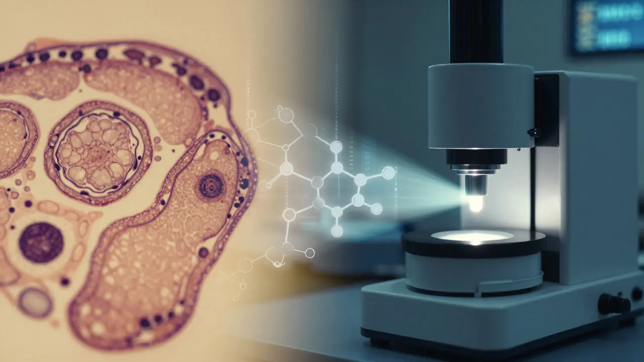 Abstract visualization merging microscope slides with mass spectrometry data streams