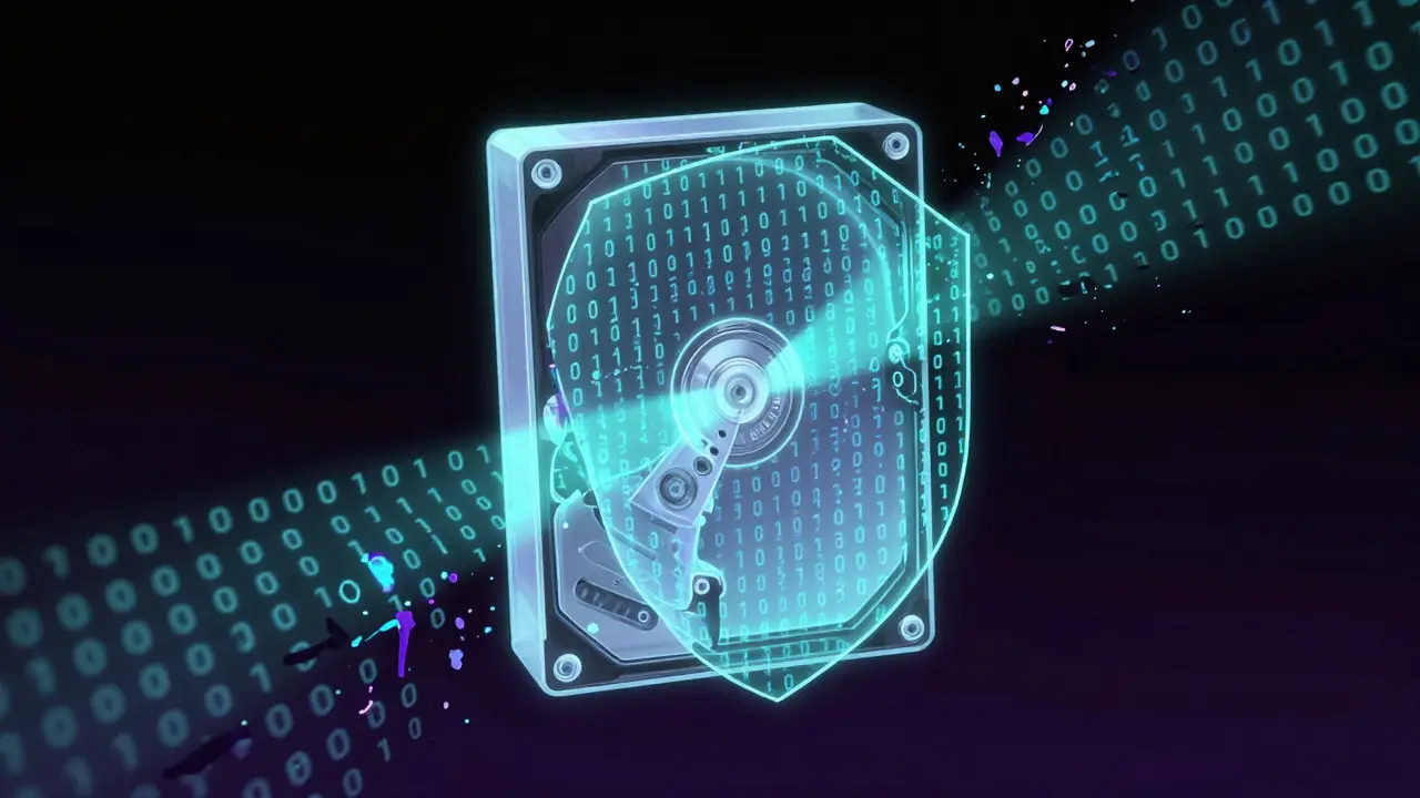 Abstract visualization of a hard drive undergoing digital integrity scanning