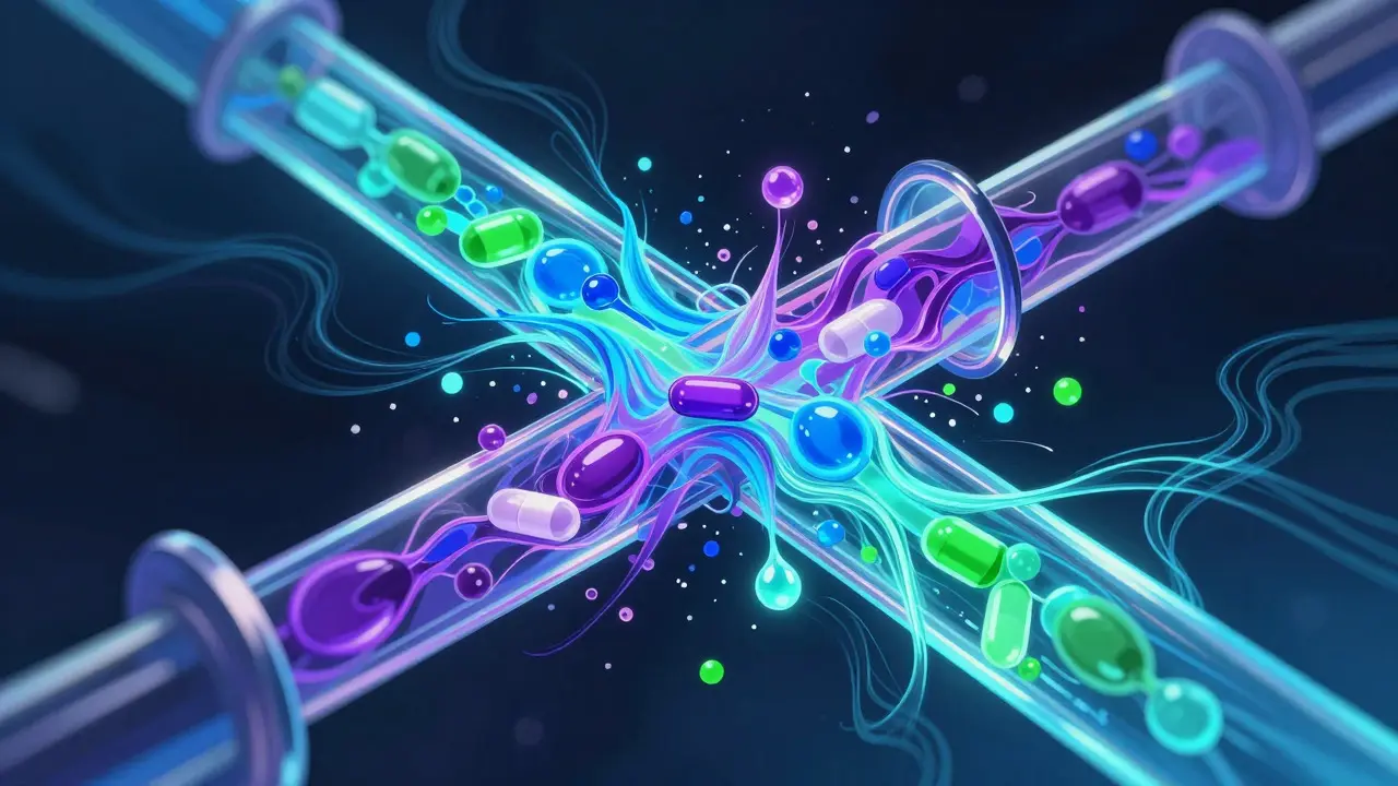 Abstract visualization of colorful chemical streams separating in a tube