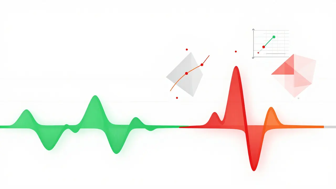 Abstract visualization of data drift showing stable vs unstable performance trends