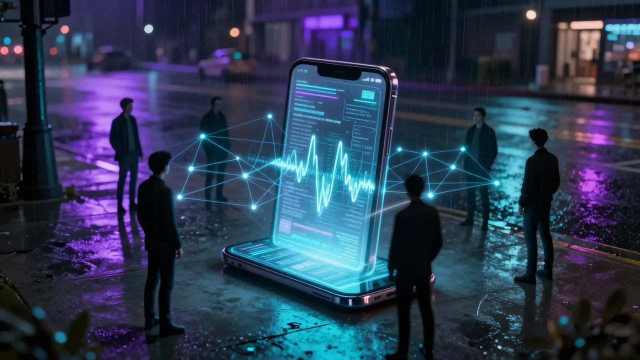 Abstract visualization of digital connections linking people on a rainy city street