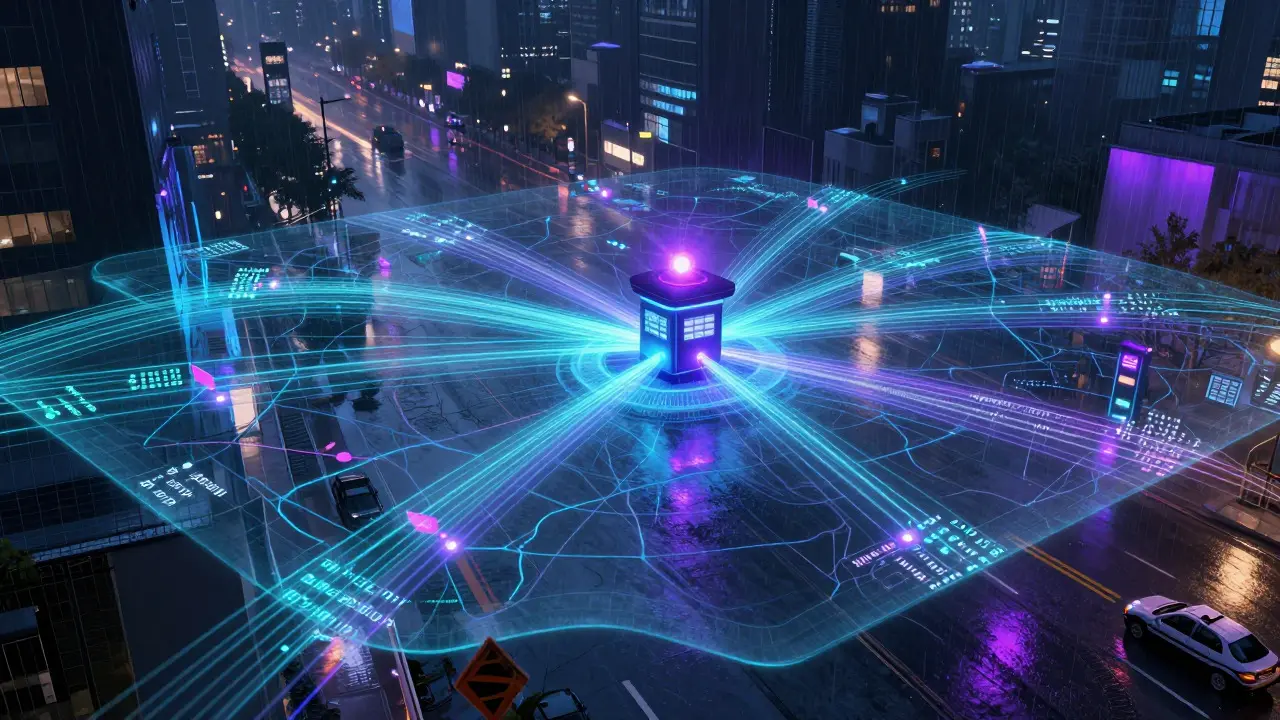 Abstract visualization of digital data flow connecting dispatch to crime scene