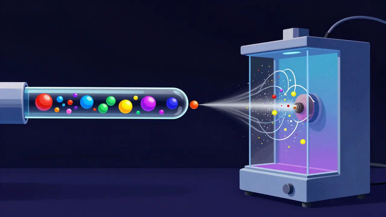 Abstract visualization of gas chromatography separation and mass spectrometry fragmentation processes