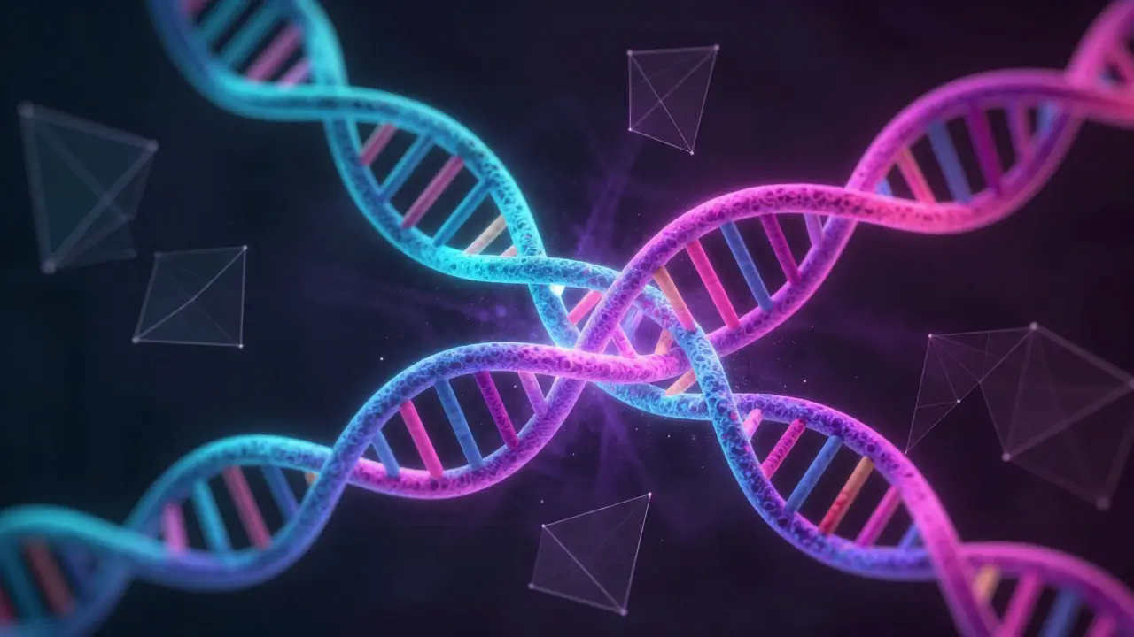 Abstract visualization of intertwined DNA strands representing complex genetic mixtures