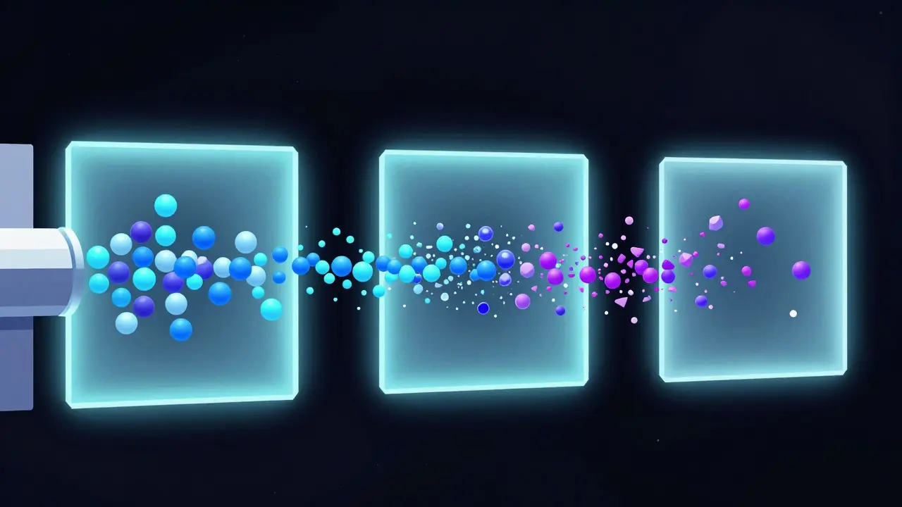 Abstract visualization of ions passing through tandem mass spectrometry stages
