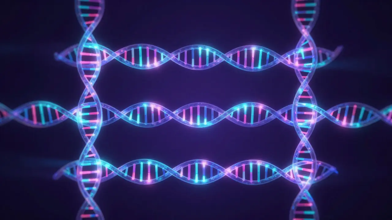 Abstract visualization of three DNA strands showing genetic inheritance patterns