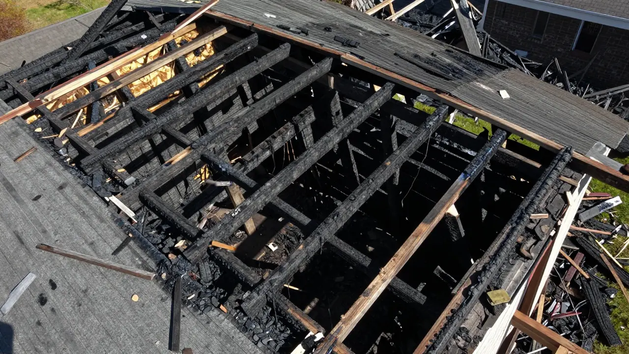Aerial view of a collapsed roof with heavily charred wooden decking