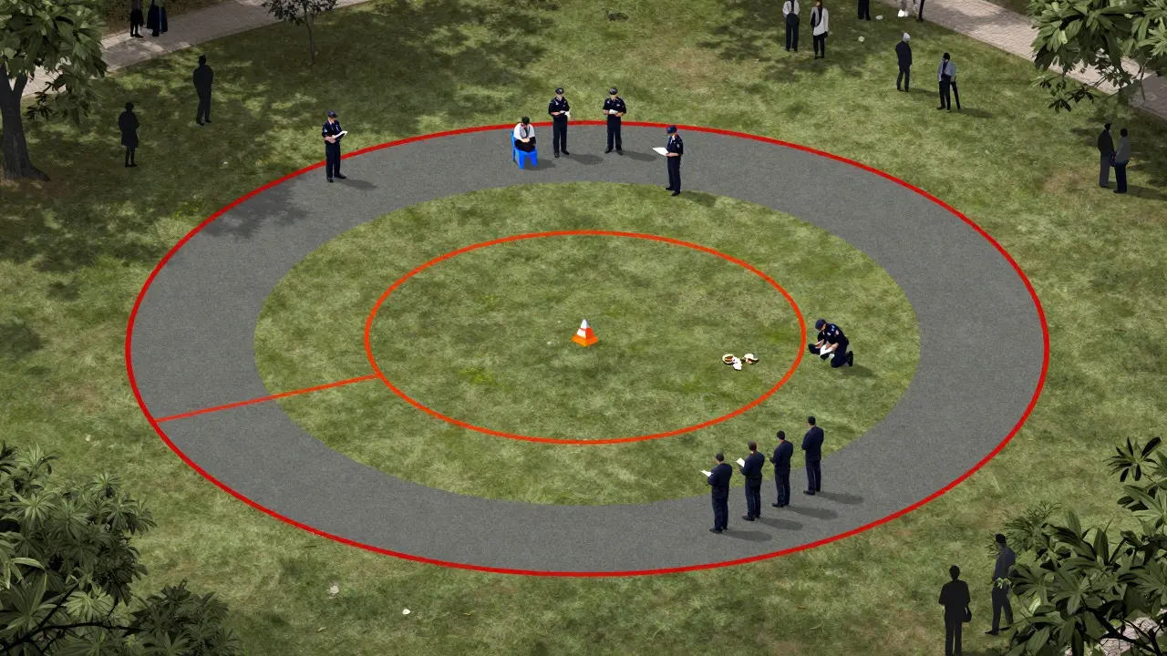 Aerial view of a park divided into three distinct containment zones for crime scene preservation