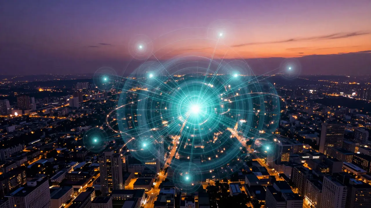 Aerial view of city with glowing circles showing geographic profiling