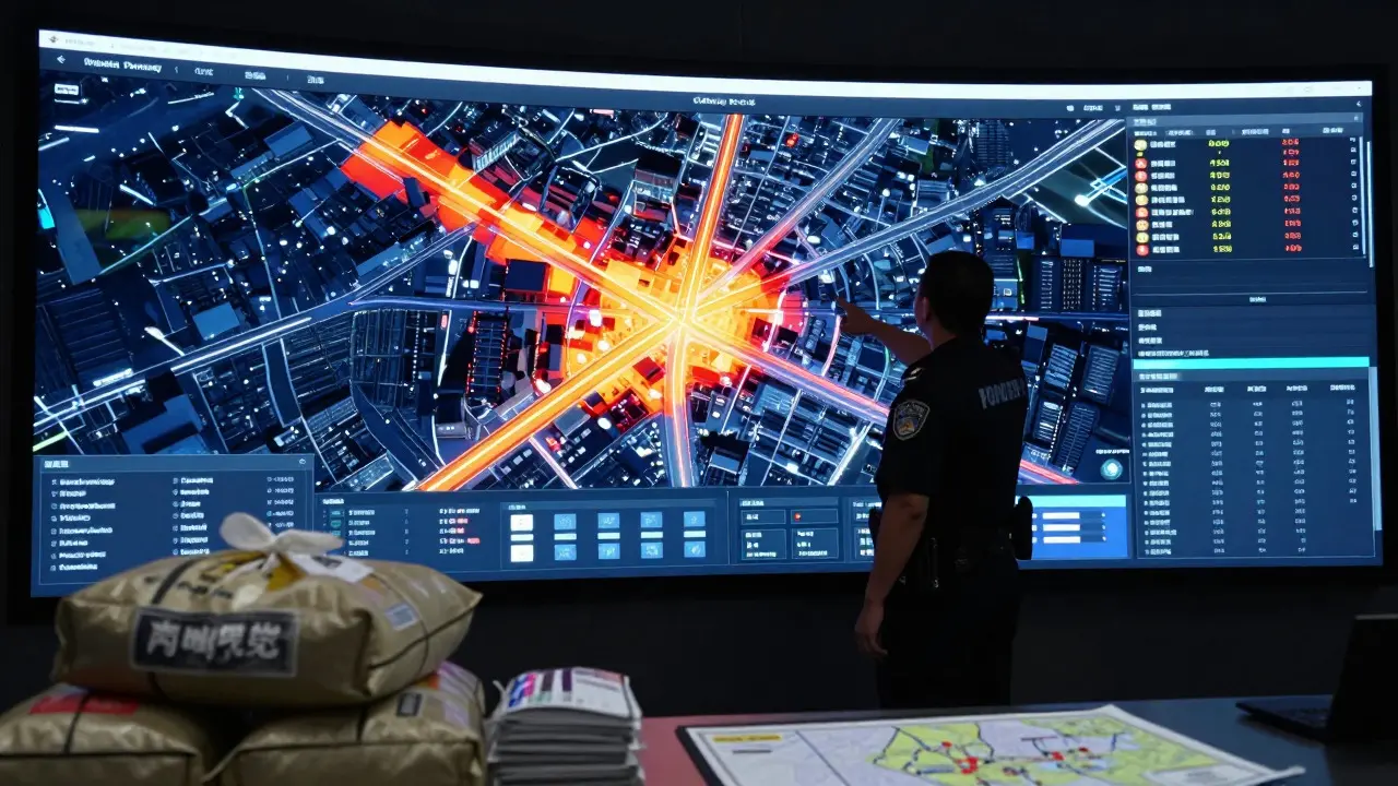 An analyst reviewing crime data on a large screen in a command center.