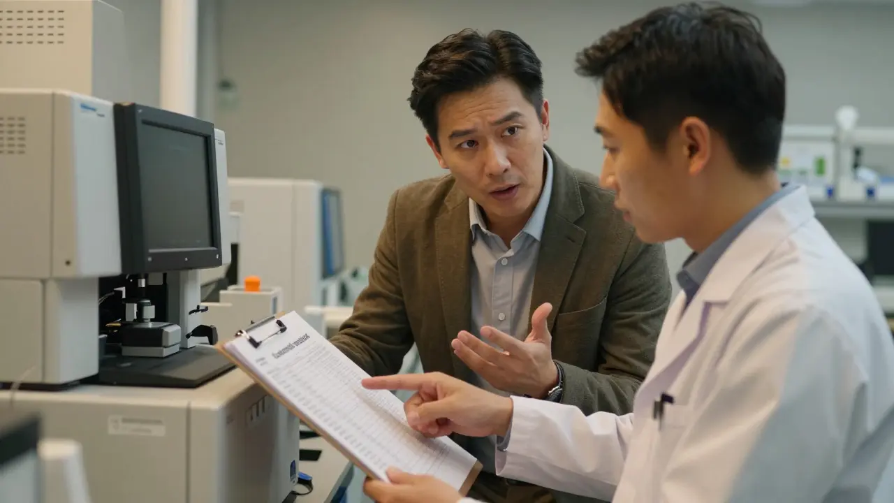 An external consultant coaching a lab technician near an instrument during a pre-assessment visit.