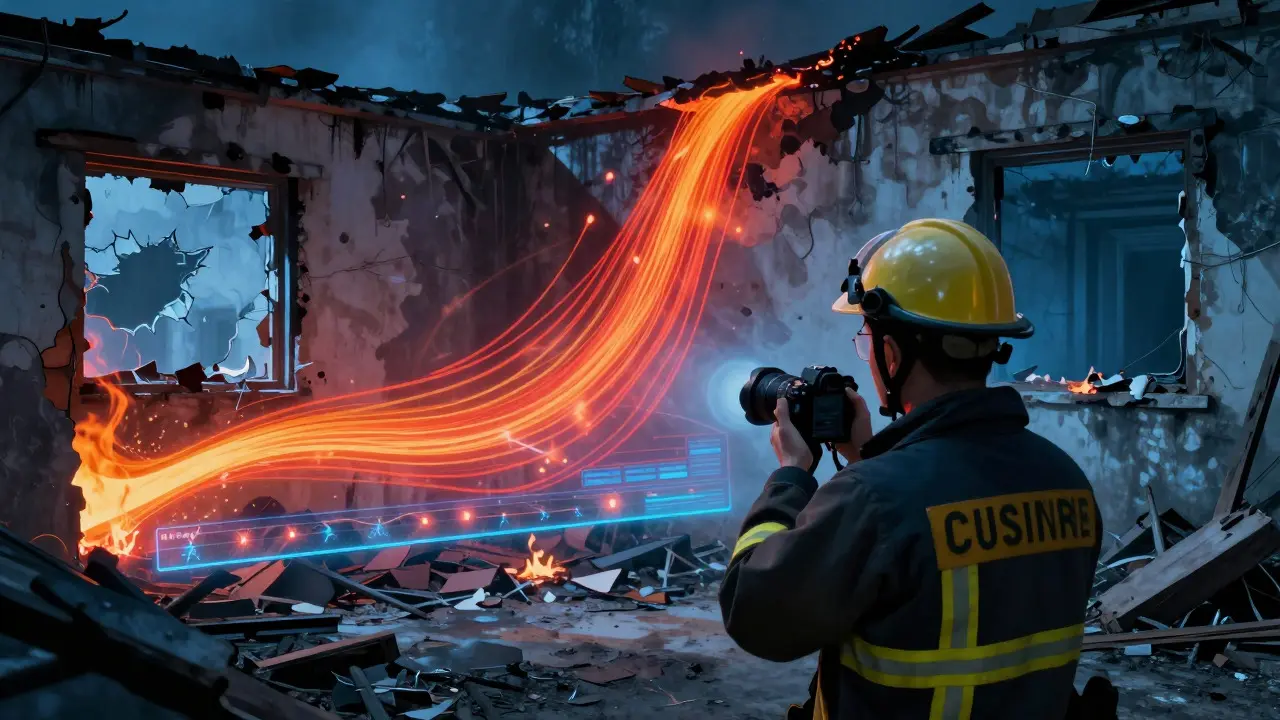 An investigator analyzing a fire scene with an abstract heat wave overlay visualization