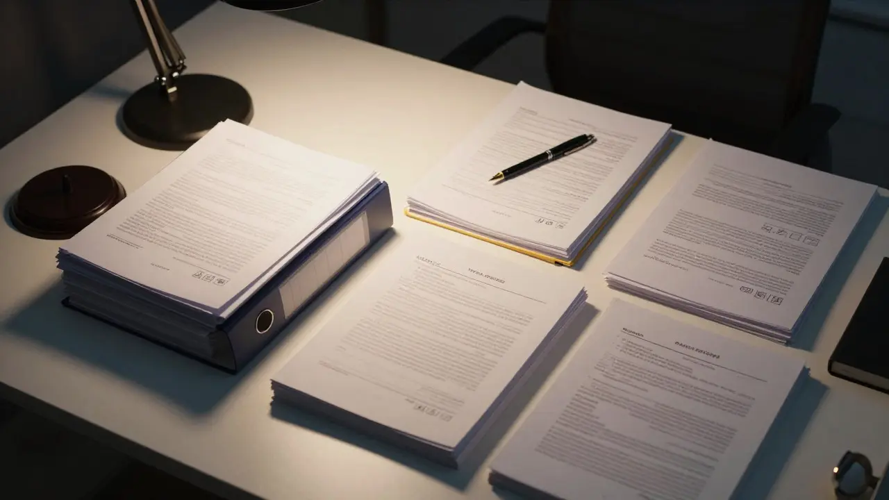 Analyst's desk with organized scientific and legal reference documents
