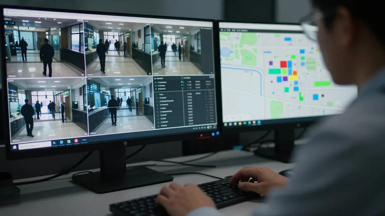 Analyst reviewing multiple surveillance feeds and maps in a dark room