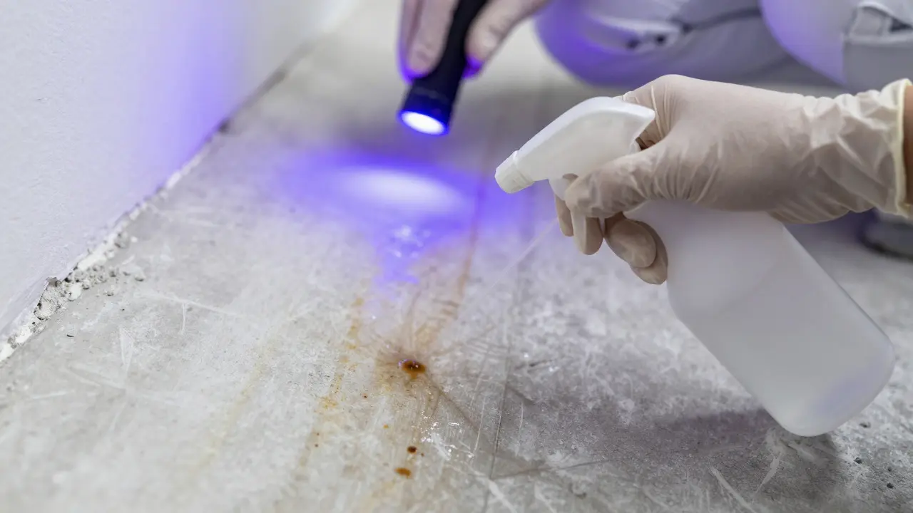 Applying enzymatic cleaner and using UV light on concrete floor