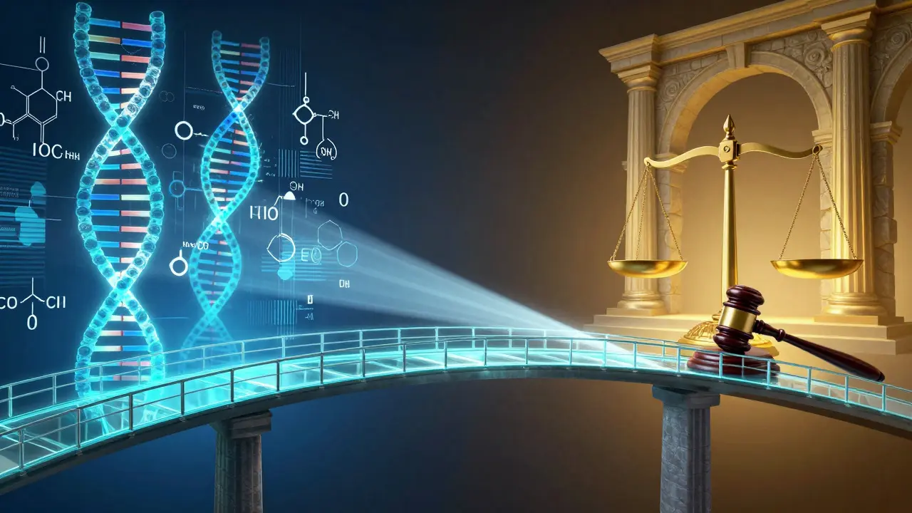 Artistic bridge connecting scientific data and legal justice symbols