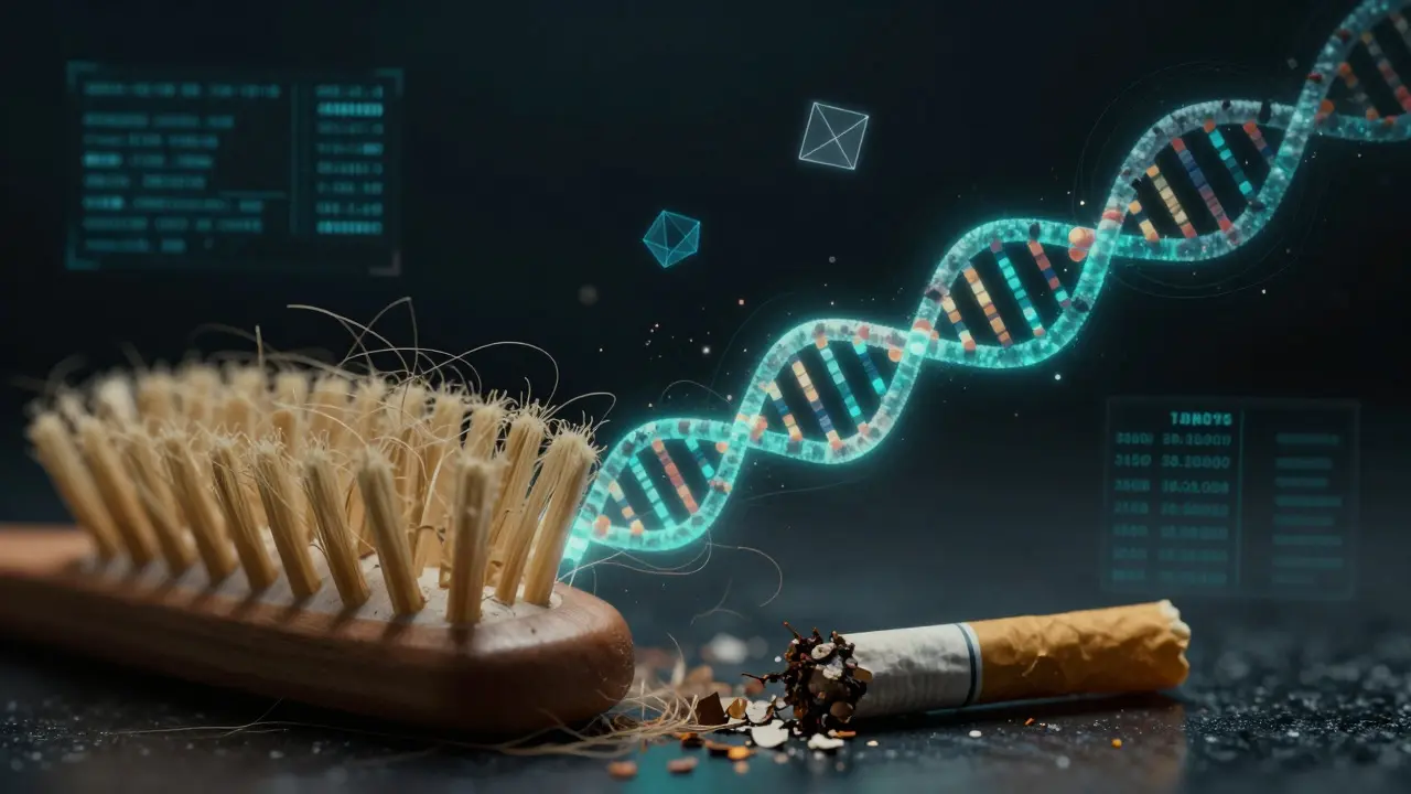 Artistic depiction of DNA strands emerging from a hairbrush and cigarette