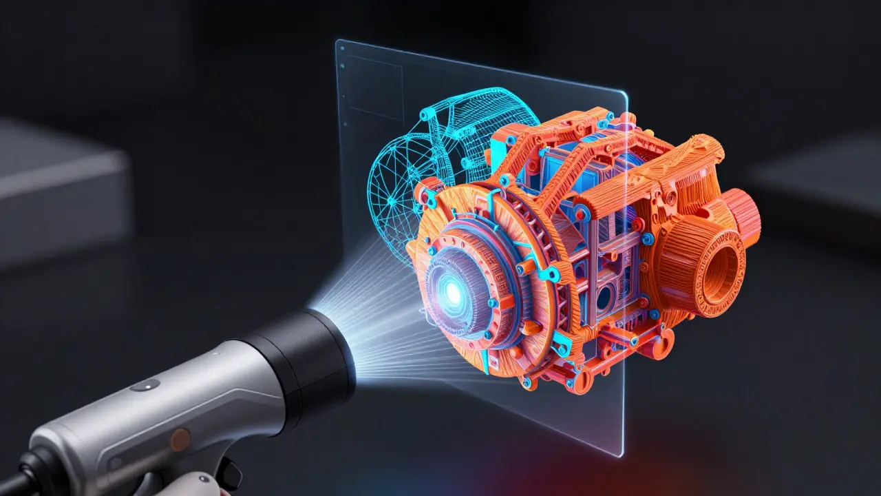 Artistic illustration of a 3D scanner combining wireframe structure and textured surface data.