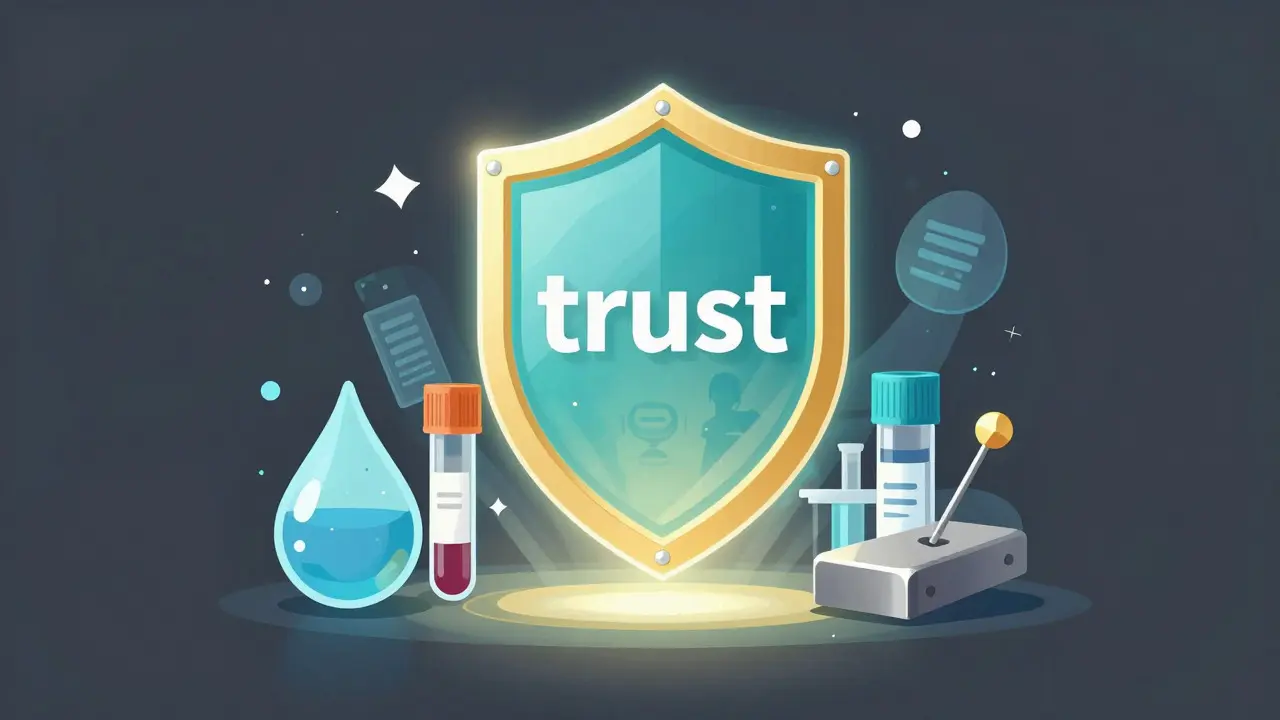 Artistic illustration of a glowing certification shield protecting various lab samples like water, blood, and metal