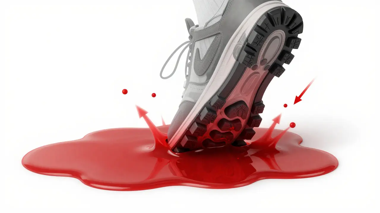Artistic illustration of a shoe sole displacing blood, highlighting tread interaction and fluid dynamics.