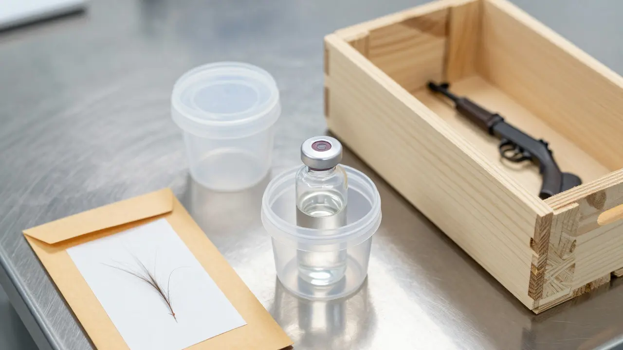 Assorted evidence containers including glass vials, paper envelopes, and a wooden crate on a lab table