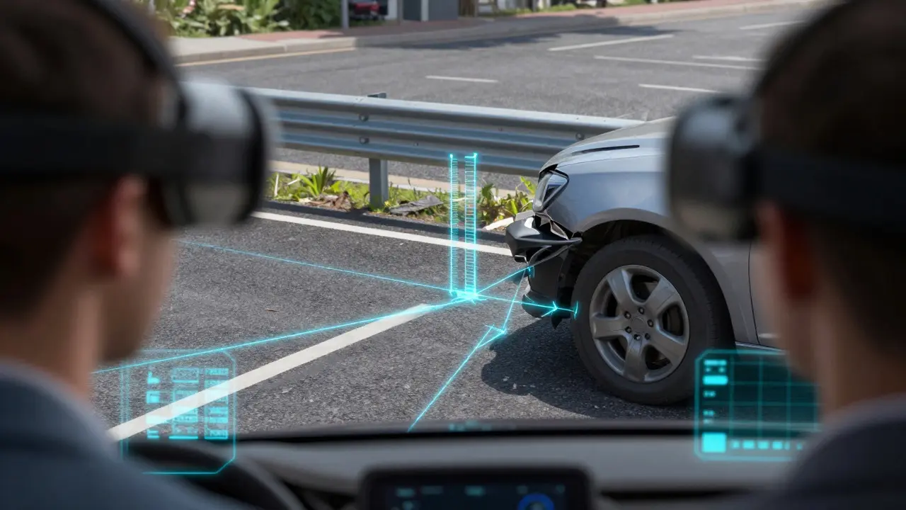 Augmented reality view of a car accident scene with floating digital measurement lines.