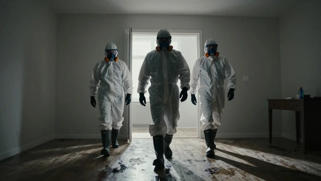 Biohazard cleanup crew in full PPE entering a dimly lit residential site