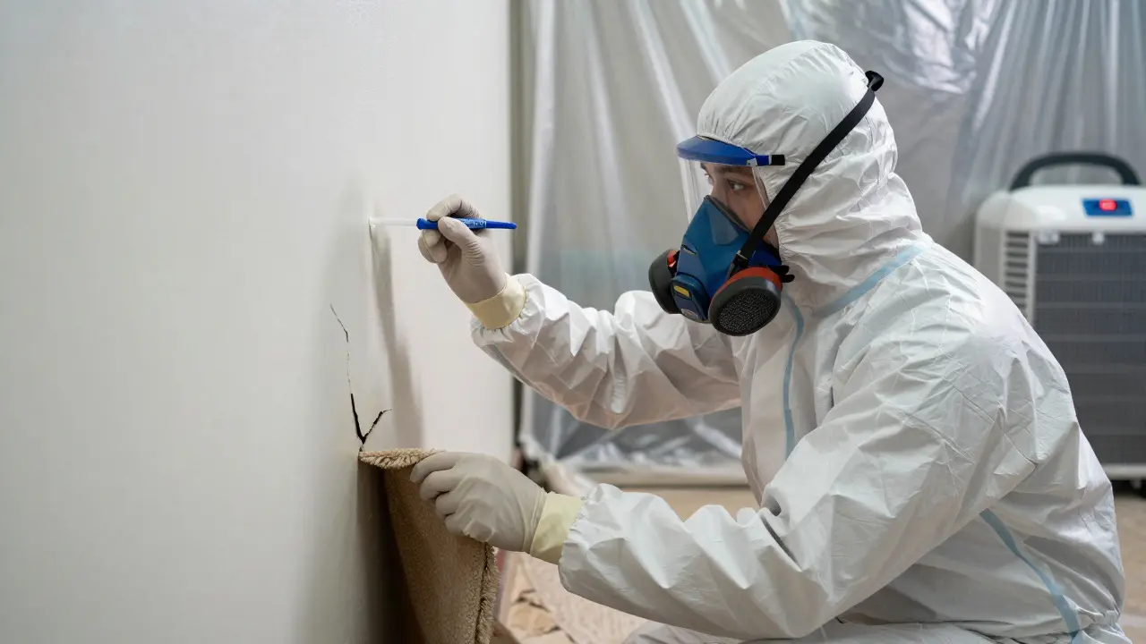 Biohazard technician in PPE inspecting a wall crack and rug subfloor for contamination